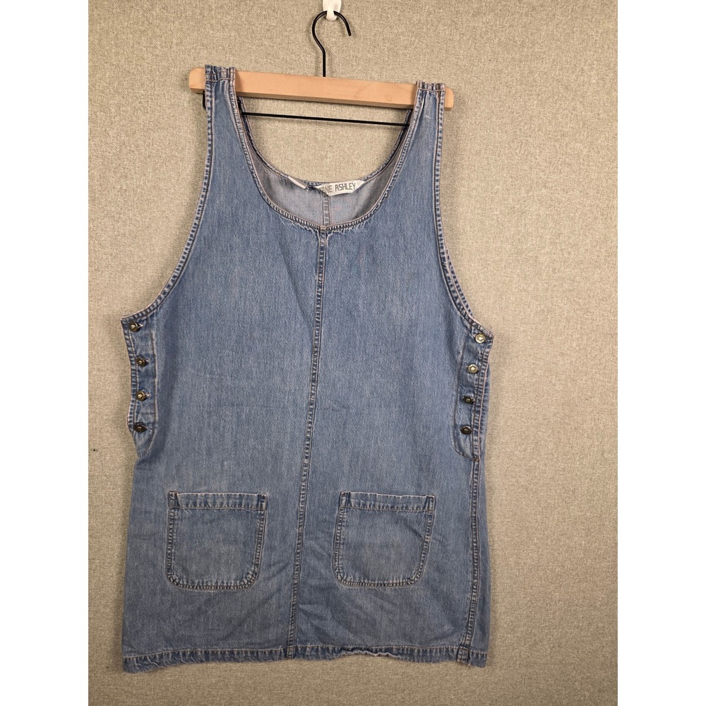 Jane Ashley Denim Pinafore Dress Medium Wash Cotton Side Button Pocket Vintage